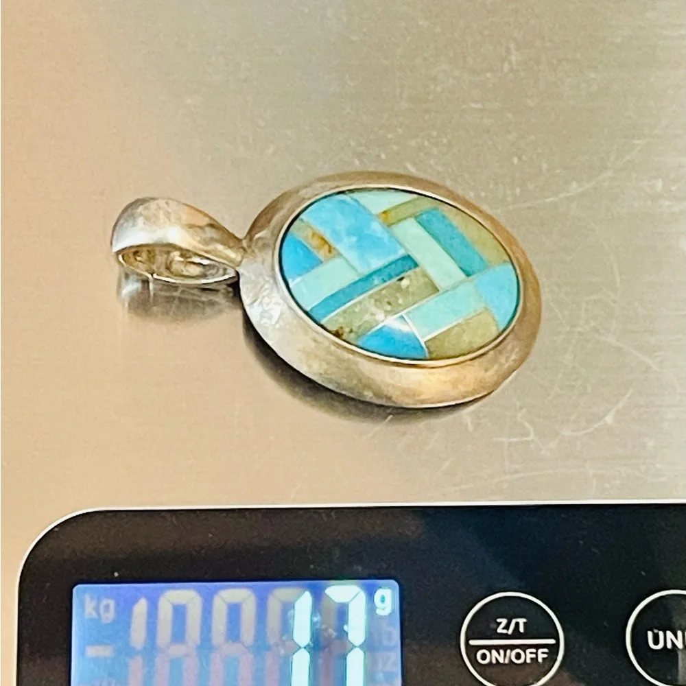 VTG SOUTHWEST Sterling Carolyn
Pollack Relios Inlay Turquoise Enhancer
Pendant - Picture 7 of 8